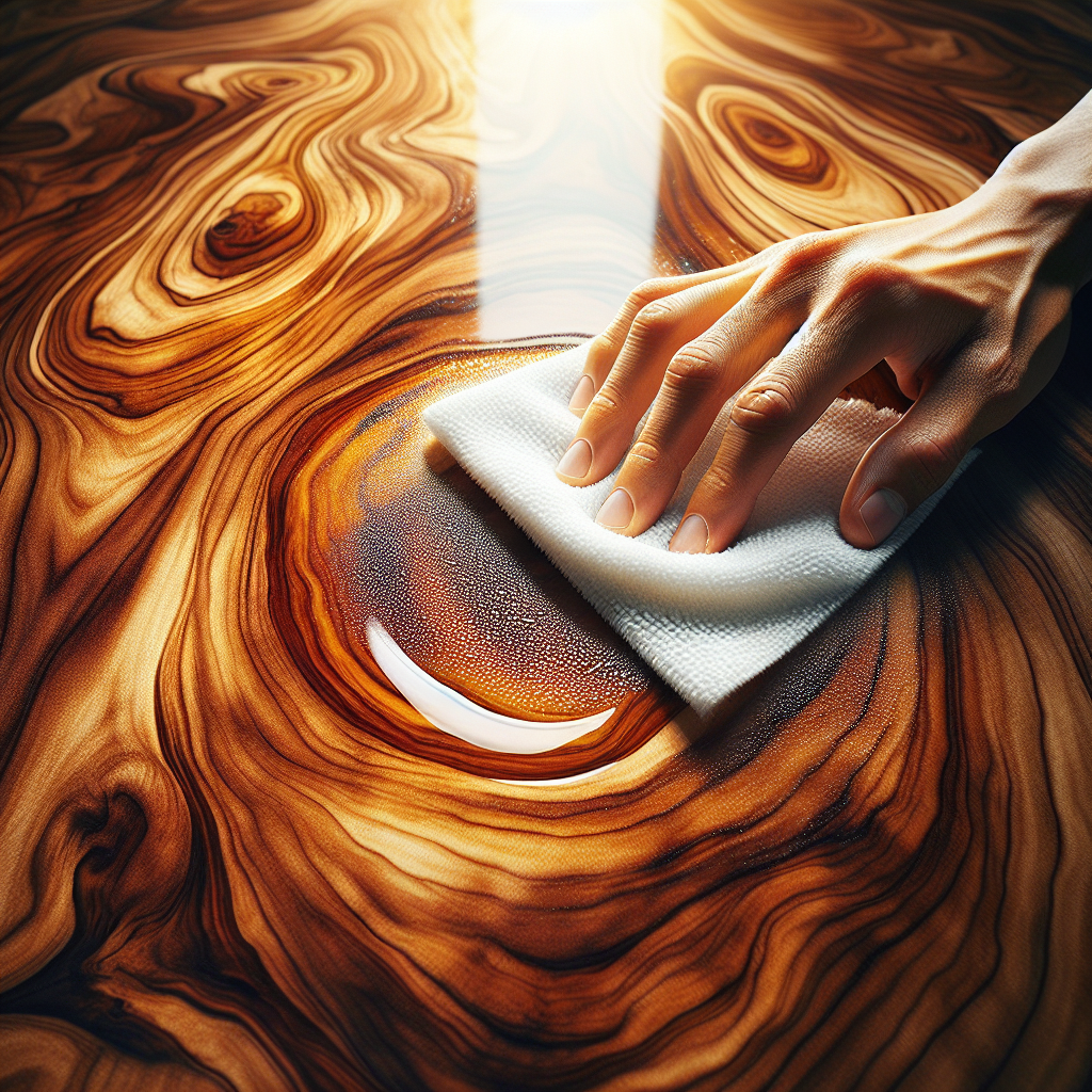 A close-up shot of a polished wooden table surface with a prominent, stark white circular water stain. A hand is gently dabbing the stain with a soft, clean white microfibre cloth, implying the start of the cleaning process. The intricate wood grain is clearly visible, and the scene is brightly lit to highlight the contrast between the stain and the warm wood. Realistic, high-detail.