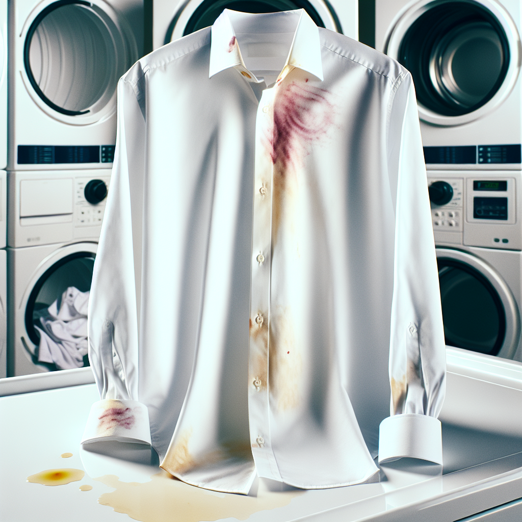 A pristine white dress shirt, neatly folded, is visibly marred by several distinct and realistic stains: a small red wine spill, a subtle coffee ring, and a faint yellow sweat stain near the collar. The background is a clean, bright laundry room, emphasizing the contrast between the white fabric and the imperfections. Soft, natural lighting.