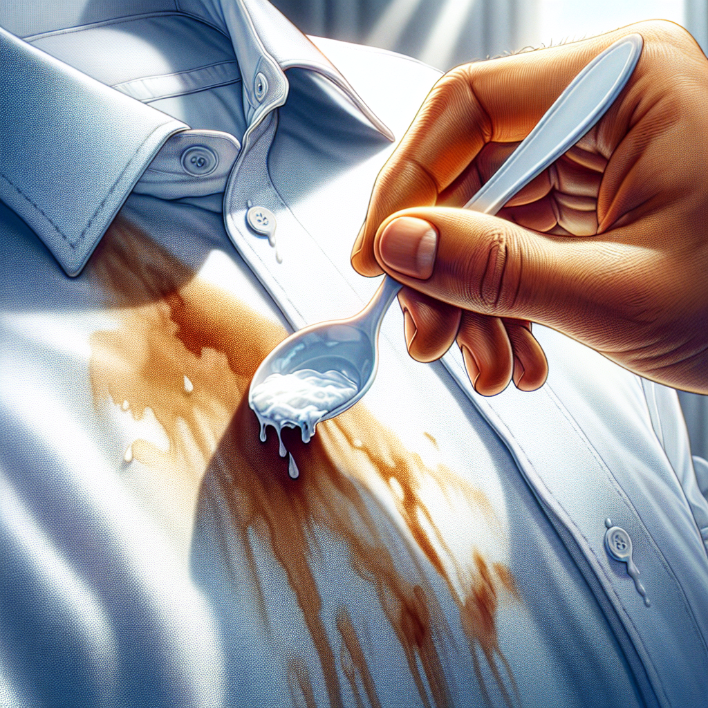 A close-up of a white dress shirt with a small, visible coffee stain. A person's hand, with neatly trimmed nails, is gently applying a paste of baking soda and water directly onto the stain using a small, clean spoon. The background is blurred, focusing on the shirt and the hand applying the homemade remedy. Bright, clean lighting suggests a solution in progress.
