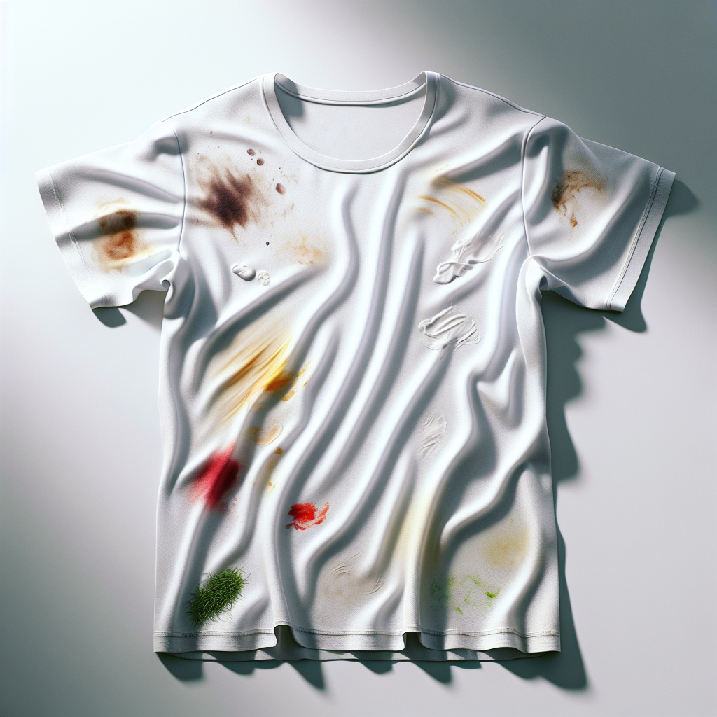 A pristine white t-shirt laid flat on a clean, bright surface, visibly marked with distinct, realistic stains: a brown coffee splash, a red wine stain, a light yellow sweat stain under one armpit, and a small green grass smudge on the lower hem. The overall impression is one of a beloved item needing care. Photorealistic, clean background, soft natural lighting.