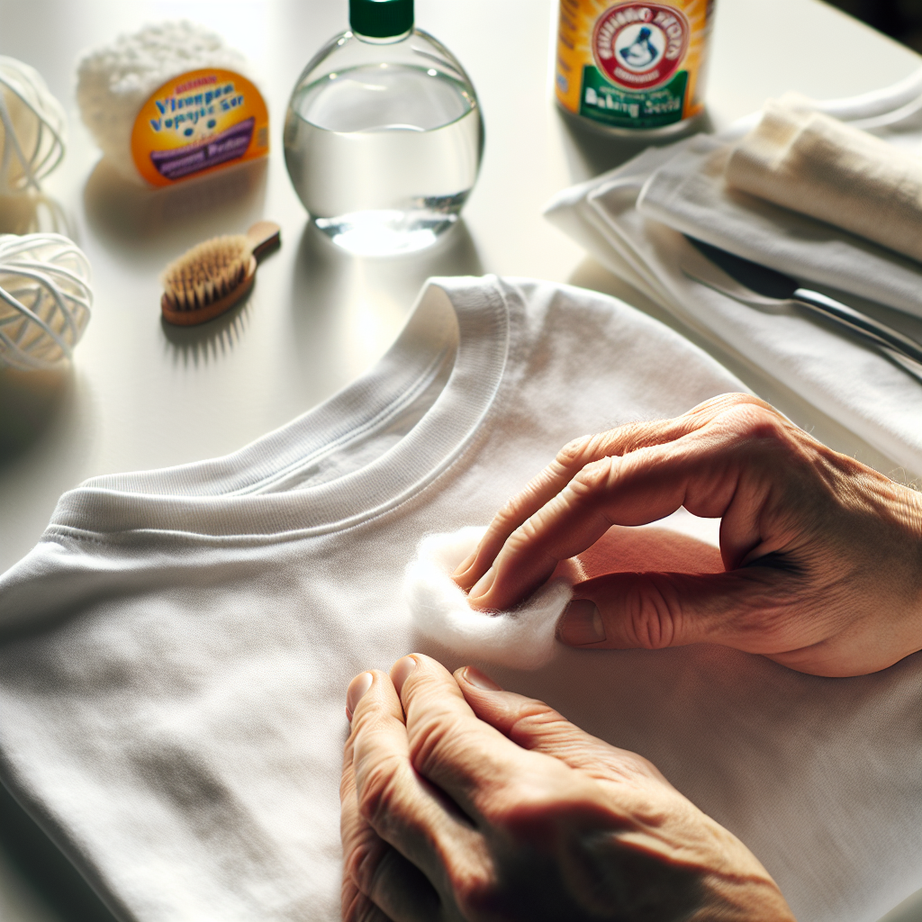 Close-up, top-down shot of hands gently dabbing a small, visible stain on a white t-shirt with a cotton ball or soft cloth. In the background, slightly out of focus, are common household cleaning items like a bottle of white vinegar or a box of baking soda, on a bright, clean kitchen or laundry room counter. The scene conveys a sense of careful attention and effective cleaning. Bright, natural lighting, high-detail photograph.