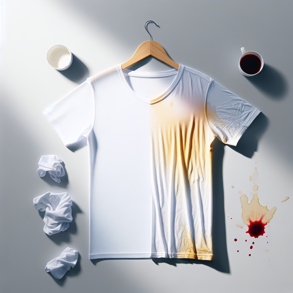 A pristine, bright white t-shirt shining brilliantly next to a similar white t-shirt covered in various visible stains, such as coffee, red wine, and yellow underarm marks. The clean shirt appears immaculate and fresh, while the stained one clearly shows the challenge. Soft, natural light, high-key photography style, representing problem and solution.