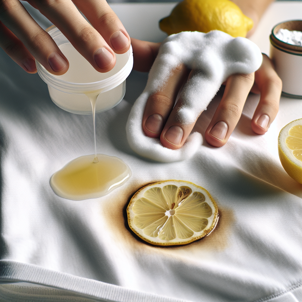 Close-up of a hand gently applying a paste made of baking soda and water onto a prominent coffee stain on a white t-shirt. Fresh lemon halves and a small container of baking soda are artfully arranged in the slightly blurred background, emphasizing natural cleaning remedies. Bright, clean, and detailed studio photography.