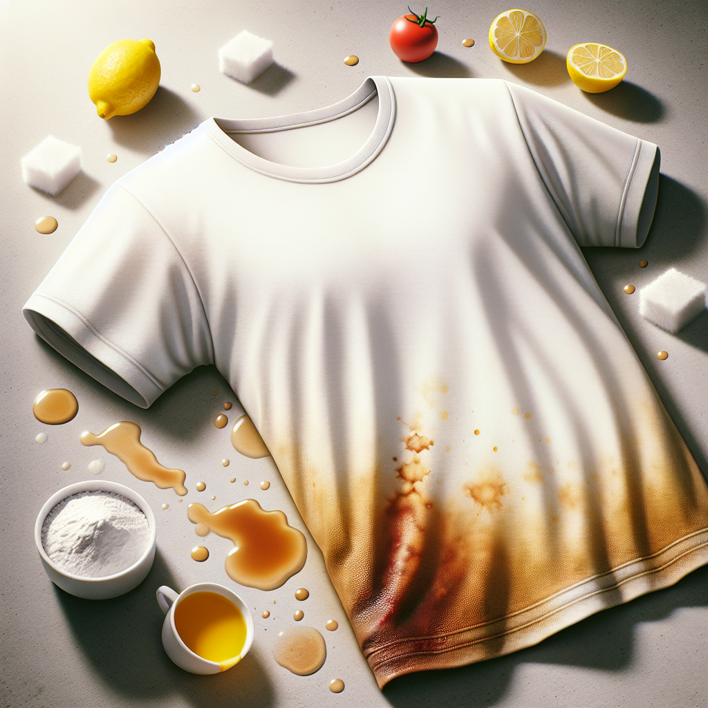 A pristine, perfectly white t-shirt sparkling clean, visually contrasted with another identical white t-shirt showing distinct yellow sweat stains under the armpits, a brown coffee stain, and a red tomato sauce splat. Subtle background elements hint at natural cleaning solutions like lemon slices and a small bowl of baking soda. Photorealistic, high detail, bright, hopeful lighting.
