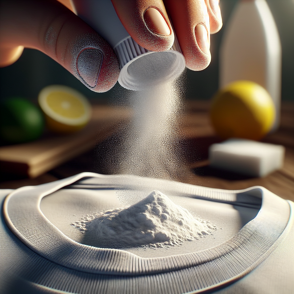 Close-up, high-detail shot of a hand gently sprinkling white powder (like baking soda or potato starch) onto a fresh grease stain on a white t-shirt. The intricate fabric texture of the white t-shirt is clearly visible. In the soft-focus background, a lemon and a bottle of vinegar are subtly placed, emphasizing effective home remedies. Natural light, photorealistic, clean aesthetic.