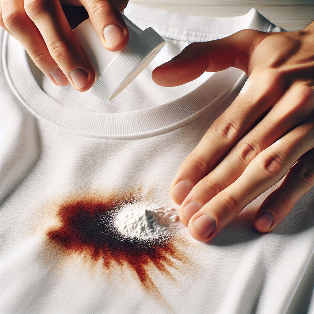 A close-up shot of a white cotton t-shirt with a prominent dark stain (e.g., coffee or tomato sauce). A human hand is gently sprinkling a fine layer of white baking powder directly onto the stain. The setting is bright and clean, perhaps on a light wooden or marble surface, with soft, natural lighting. Realistic, high-detail.