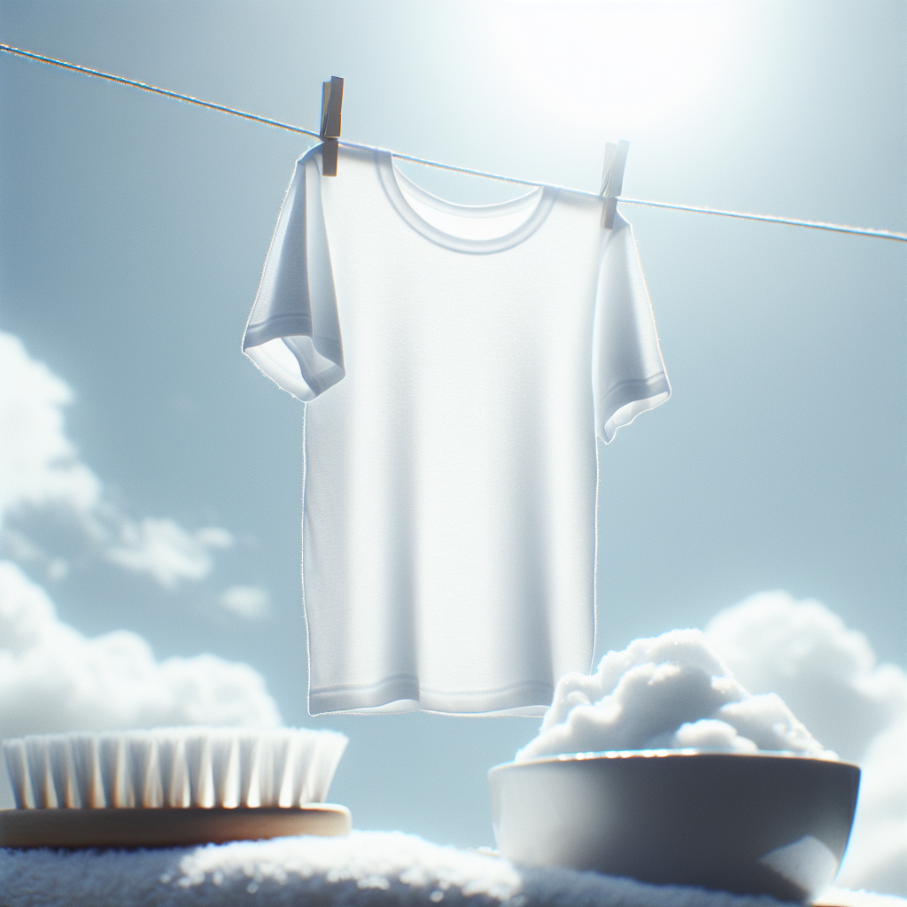 A pristine, radiant white cotton t-shirt hanging on a clothesline in bright sunlight, gently swaying, symbolizing ultimate freshness and cleanliness. In the softly blurred foreground, a small bowl of white baking soda and a soft cleaning brush are subtly visible, hinting at the effective cleaning method. The image evokes a sense of satisfaction and purity. Realistic, bright, and airy.