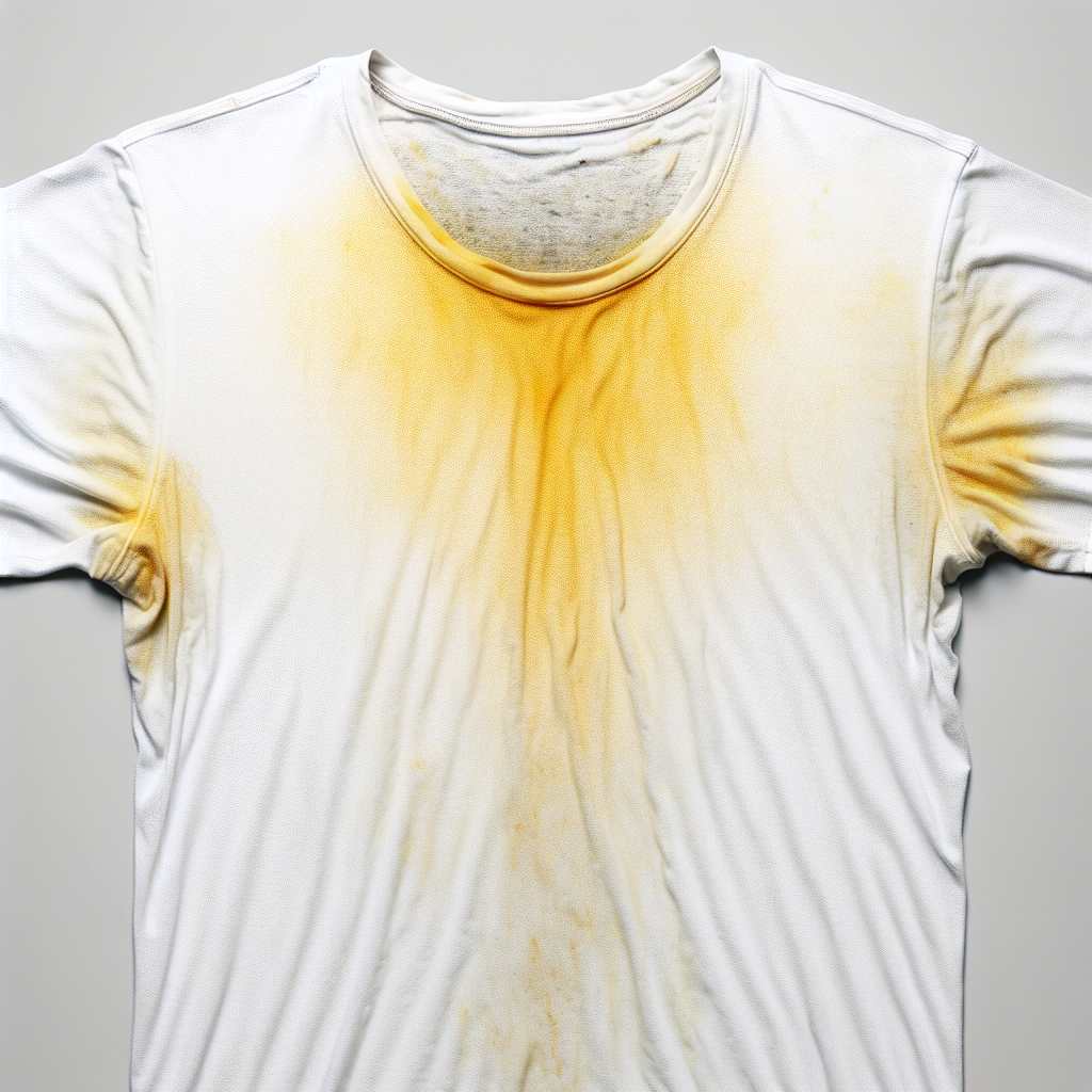 A close-up shot of a white t-shirt with prominent, unsightly yellow stains under the armpits and on the collar. The fabric appears slightly worn and discolored in the stained areas, conveying a sense of frustration. Realistic photograph, studio lighting, high detail.