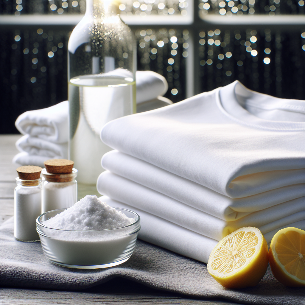 A perfectly clean, crisp white t-shirt, freshly washed and neatly folded, radiating a sense of brightness and newness. In the background, subtly blurred, are natural cleaning ingredients: a sliced lemon, a small pile of baking soda, and a bottle of white vinegar, suggesting effective stain removal. Bright studio environment, realistic, high detail.