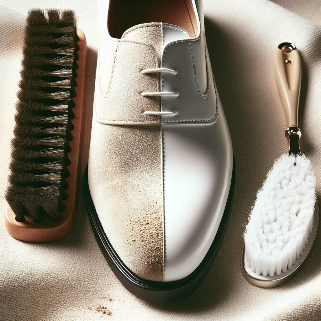 A close-up of an elegant white suede shoe, half of it appearing pristine and brilliantly clean, while the other half subtly shows a light dirt smudge or faint scuff mark, illustrating the 'before and after' effect of cleaning. The shoe is placed on a soft, light-colored surface, with a specialized suede brush lying next to the clean side. The image should emphasize the delicate texture of the suede and bright, natural lighting.