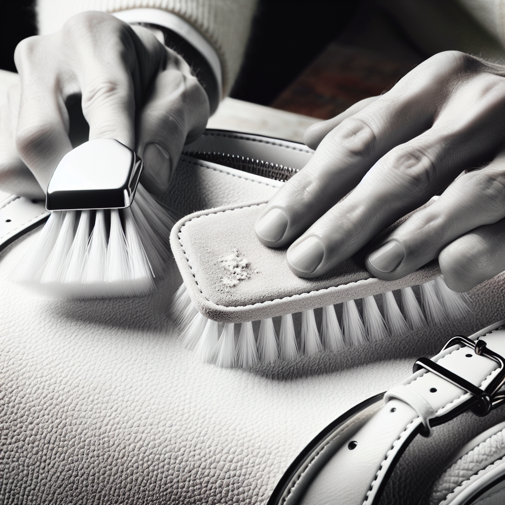 Hands gently cleaning a white suede handbag with a soft-bristled suede brush. The brush is carefully removing a small, subtle dirt mark from the textured surface of the white suede. The background is softly blurred, focusing on the detailed cleaning action and the high-quality, pristine appearance of the suede material.