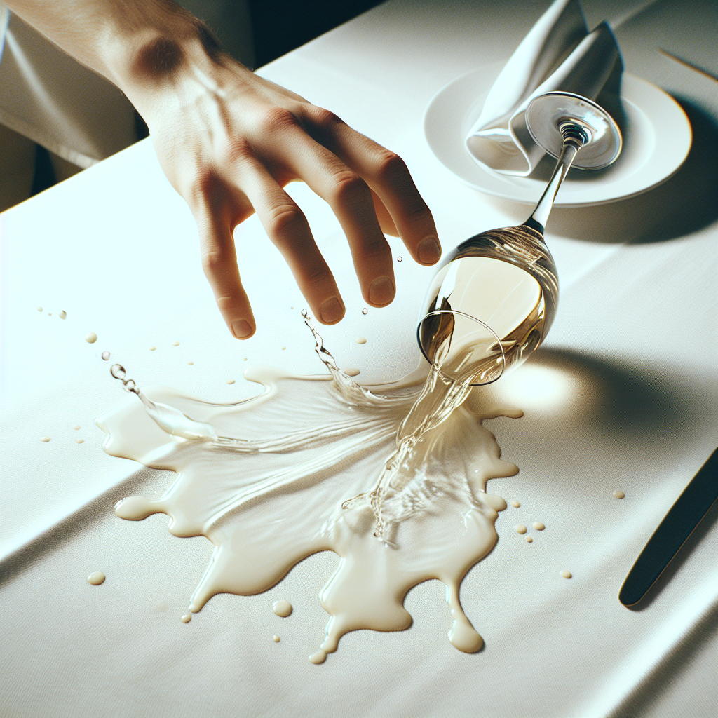 A close-up, realistic photo of a hand accidentally tipping over a glass of white wine, spilling it onto a pristine white tablecloth. The wine is spreading, creating a visible, fresh stain. The scene conveys a slight moment of surprise or mild frustration, with soft, natural lighting.