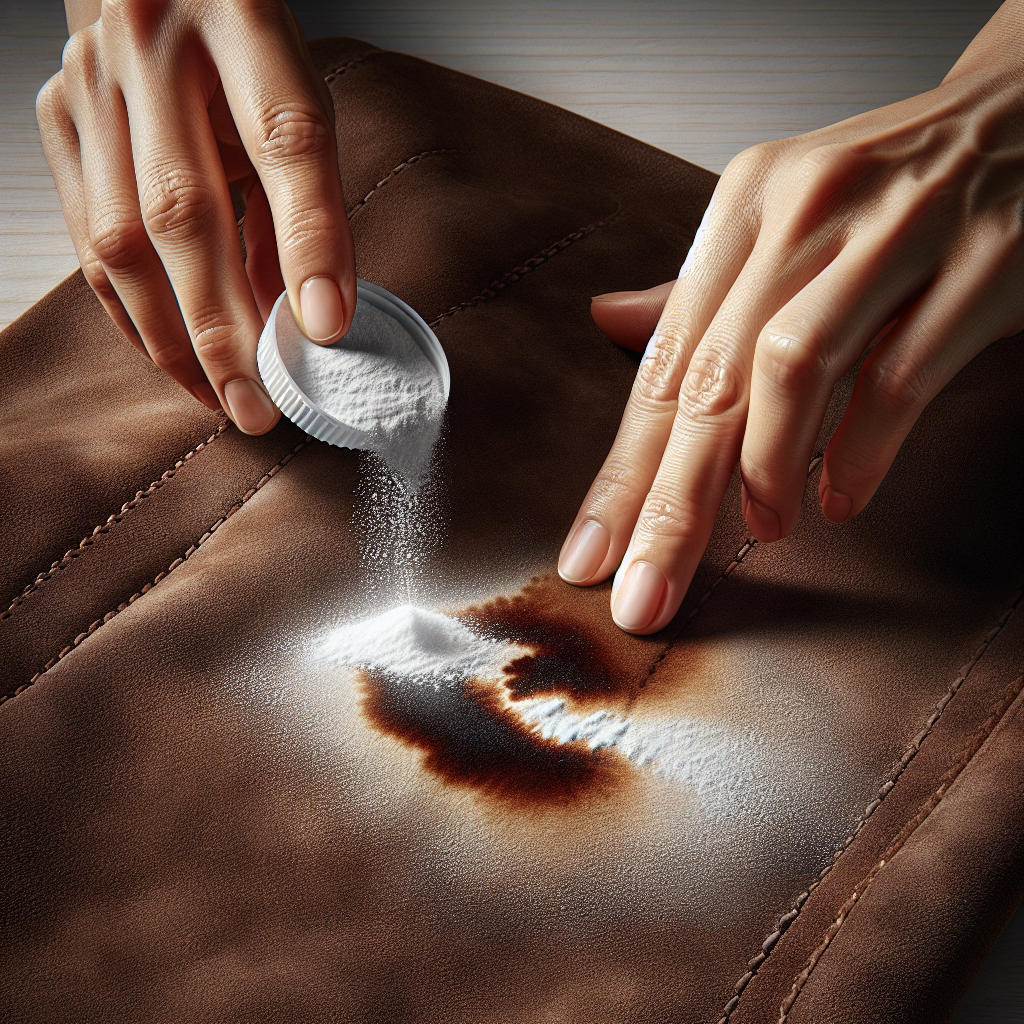 Close-up shot of a piece of brown suede fabric with a visible, dark grease stain. A hand is gently sprinkling white baking soda powder over the center of the stain. The texture of the suede and powder is clearly visible under soft, natural lighting, creating a practical, step-by-step feel.