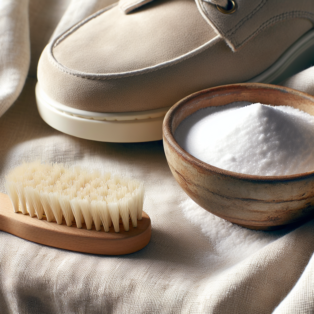A clean, pristine section of light beige suede, perhaps part of a shoe or a couch cushion, reflecting success. Next to it, a small rustic bowl filled with white baking soda and a soft brush. Bright, clean, and airy aesthetic, emphasizing natural remedies and a well-maintained home.