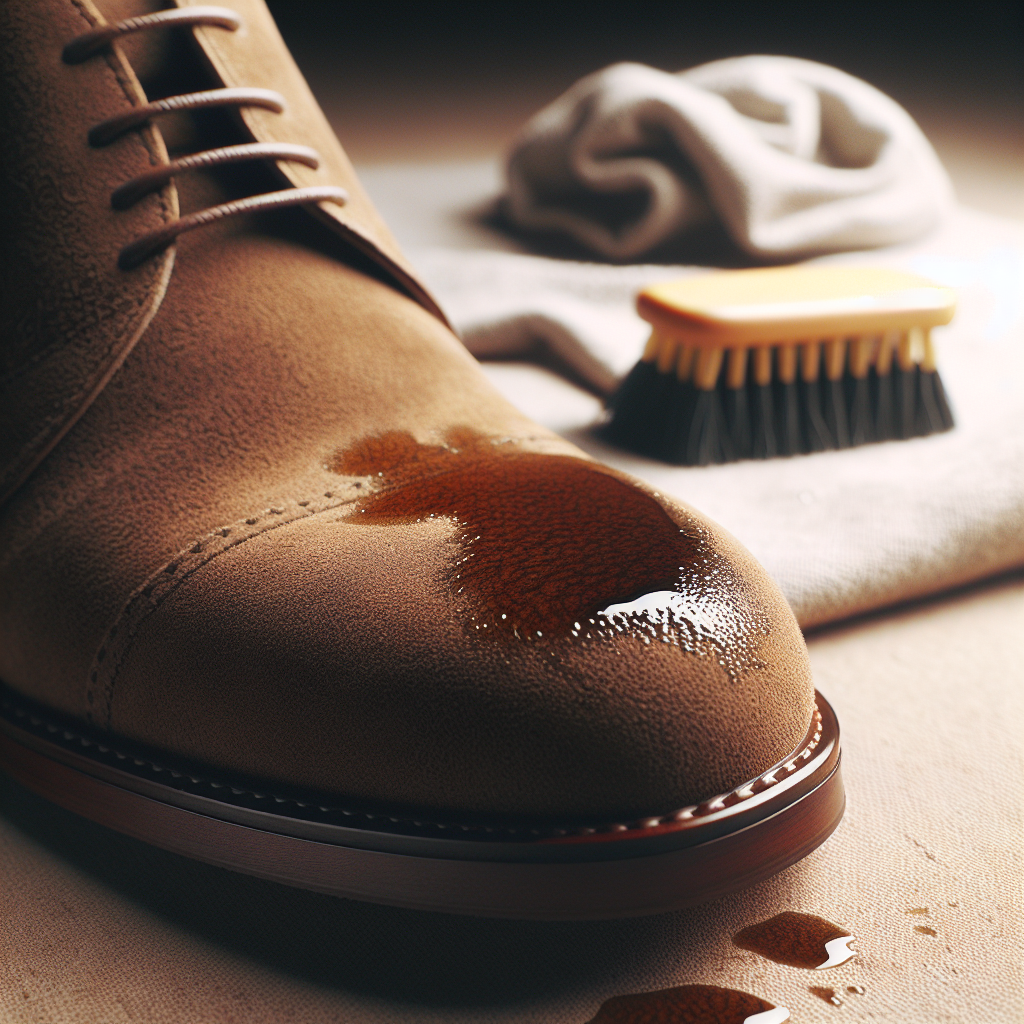 Close-up, top-down view of a light brown suede shoe with a distinct, dark water stain on its surface. The fine, napped texture of the suede is clearly visible. In the soft-focus background, a damp white cloth and a small suede brush are subtly present. Bright, natural lighting emphasizes the contrast between the wet and dry areas, highlighting the problem. Realistic photography.