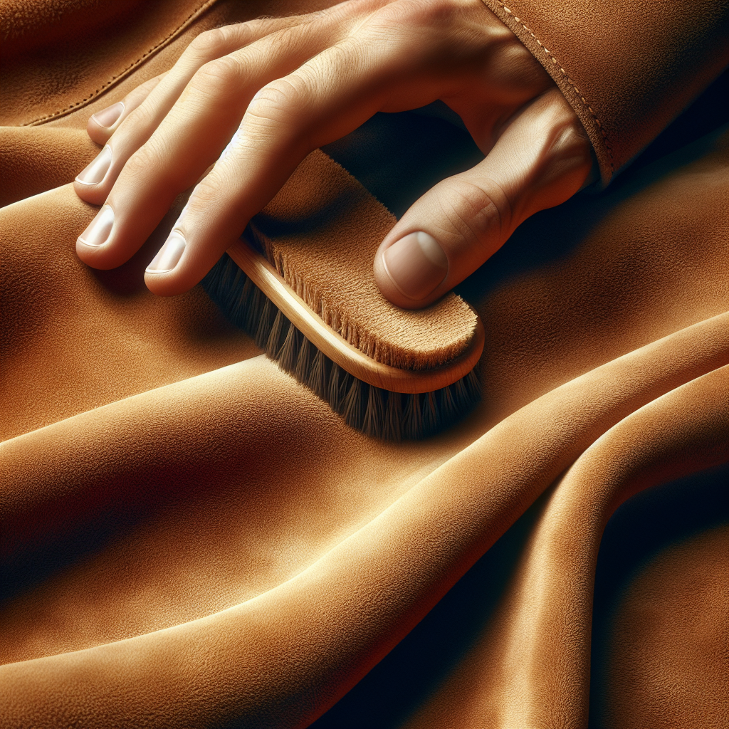 An elegant close-up of a perfectly clean, rich camel-colored suede jacket, highlighting its soft, luxurious texture. A gentle hand is lightly brushing the nap with a clean suede brush, creating subtle variations in direction. The lighting is soft and inviting, conveying a sense of care, quality, and pristine condition. Realistic, high-detail photography.