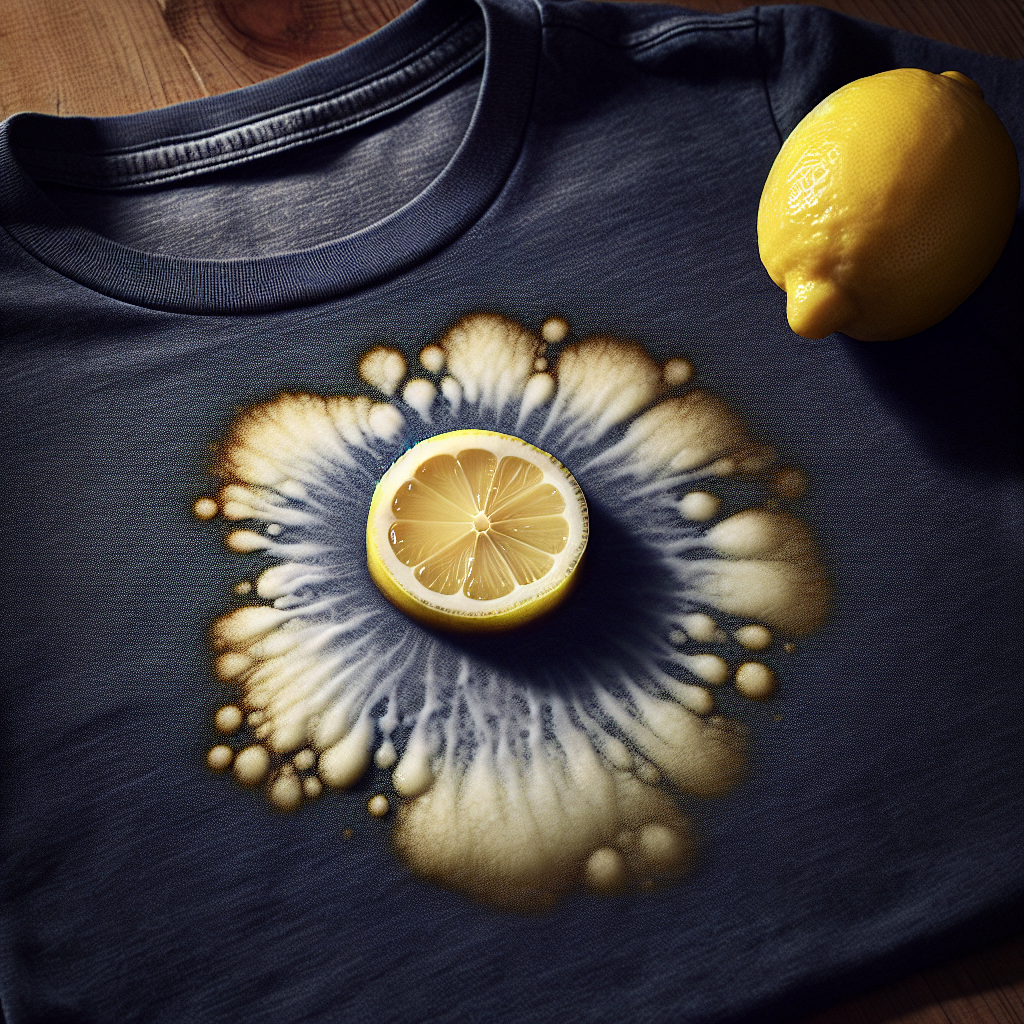 A close-up shot of a distinct, light-colored citric acid stain on a dark fabric, possibly a navy blue t-shirt. A freshly cut lemon with a few drops of juice is positioned slightly out of focus in the background, hinting at the source. The image conveys the frustration of stubborn clothing stains. Realistic photography style, well-lit, high detail.