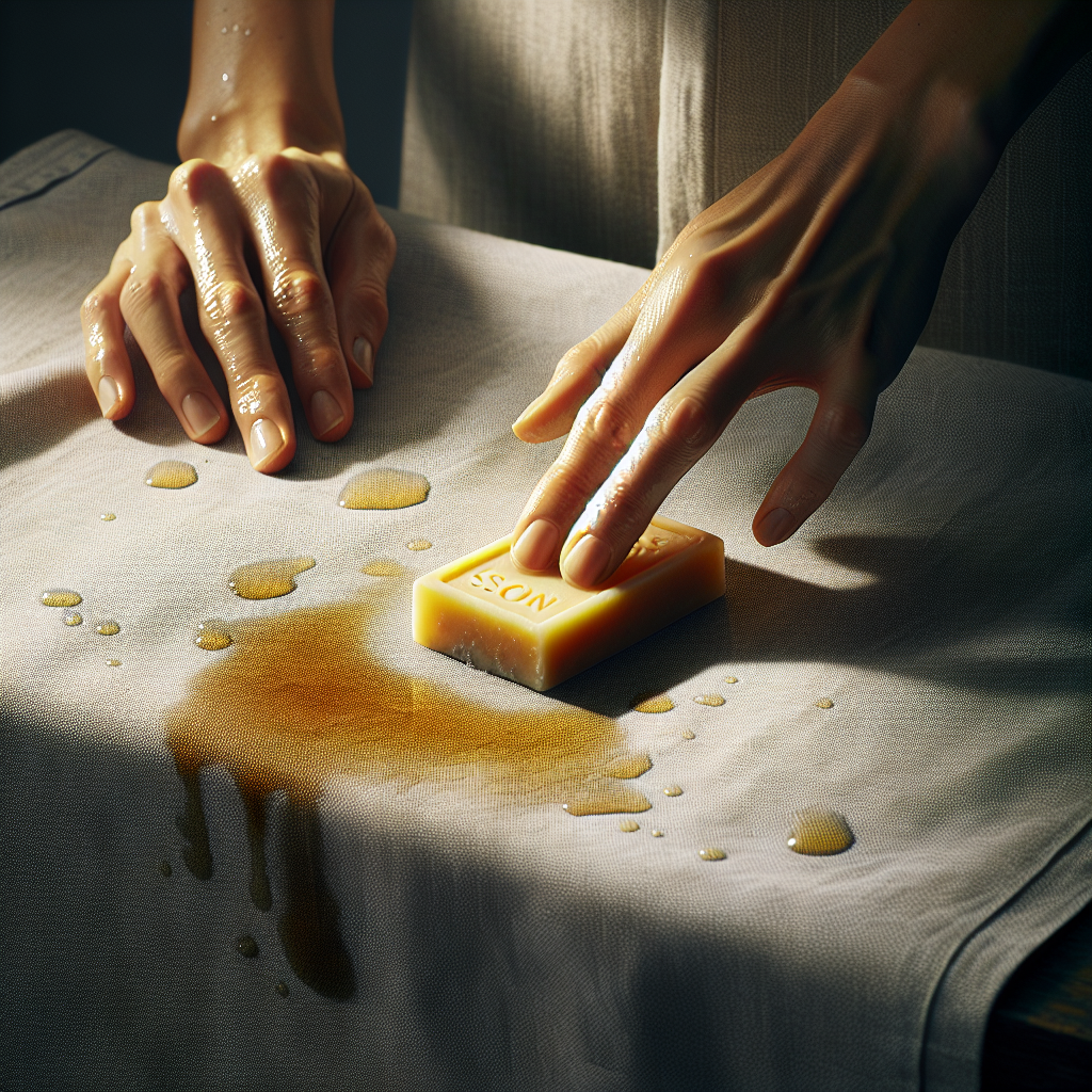 A pair of hands carefully applies a bar of yellow gall soap onto a small, faded stain on a piece of light grey cotton fabric. Water droplets are visible on the fabric around the stain. The setting is a clean laundry room or utility area, with a sense of gentle yet effective cleaning in progress. Realistic, bright lighting, shallow depth of field.