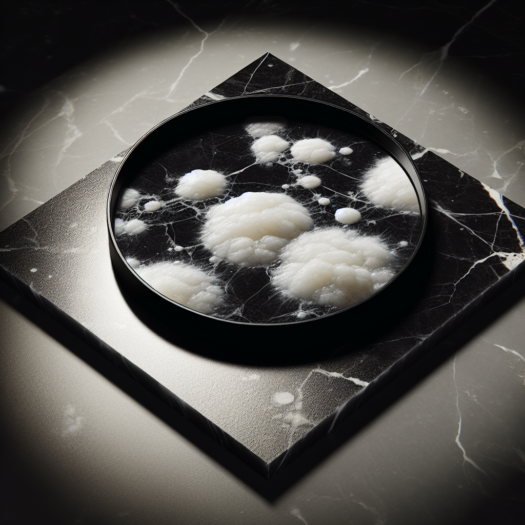A close-up shot of white, matte citric acid stains on dark, polished marble floor tiles. The stains appear as irregular, dull patches, distinctly contrasting with the tile's reflective surface, illuminated by soft indoor light, highlighting the damaged texture.