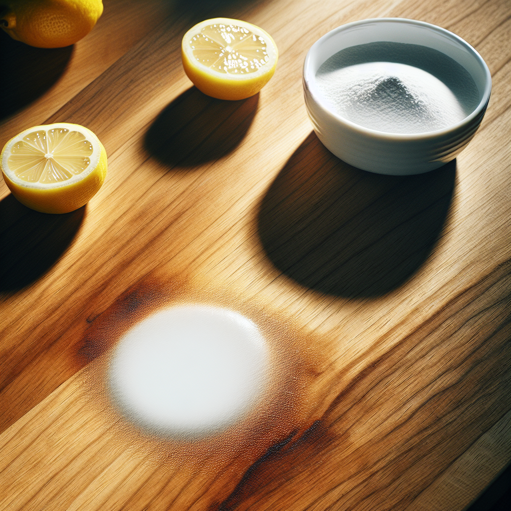 A close-up, high-angle shot of a subtle, light discoloration or stain on a polished wooden kitchen counter, next to a small white bowl containing citric acid powder and a few fresh lemon slices. The lighting is bright and natural, highlighting the contrast between the wood and the blemish, conveying a domestic mishap.