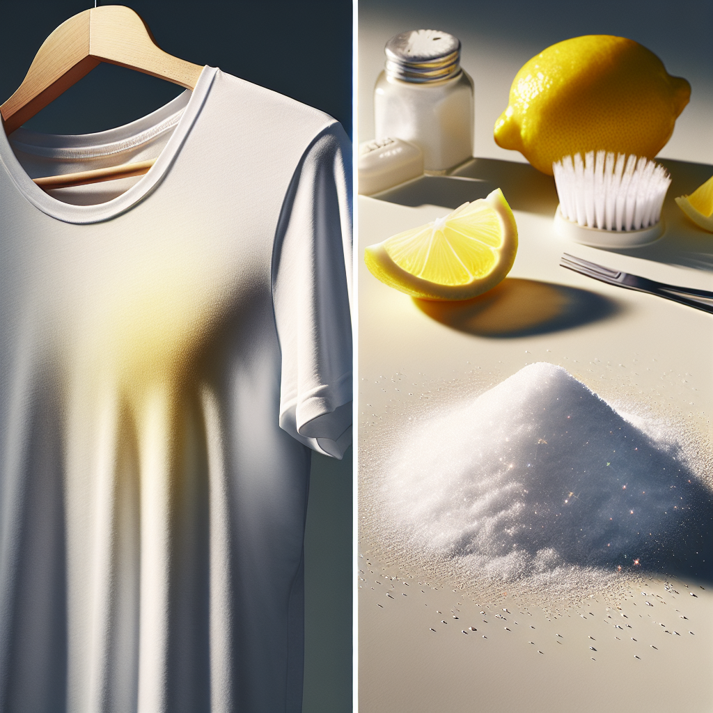 A close-up of a crisp white t-shirt with visible yellow sweat stains under the armpits, contrasted with a small pile of white crystalline citric acid powder and a few fresh lemon slices on a clean, bright, light-colored surface. Realistic photo, soft natural light, highlighting the problem and its natural solution.