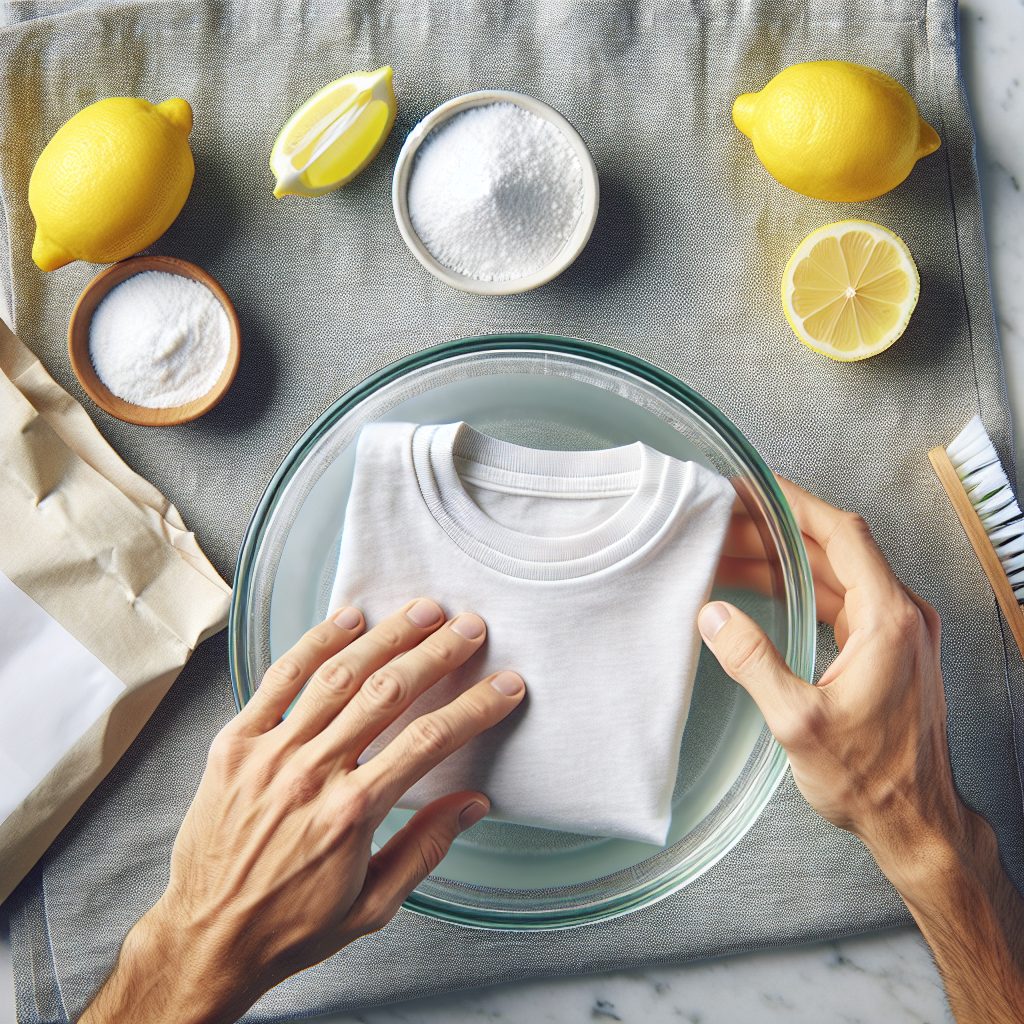 Overhead shot of hands gently lowering a light-colored t-shirt with subtle sweat stains into a clear glass bowl filled with water. Next to the bowl, an open bag of white citric acid powder and a few fresh lemon halves are visible on a clean kitchen countertop. Realistic photo, bright and focused on the home cleaning process.